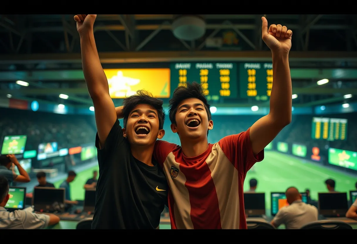 Para lelaki berasa gembira dengan kemenangan pertaruhan sukan mereka di aplikasi Melbet.